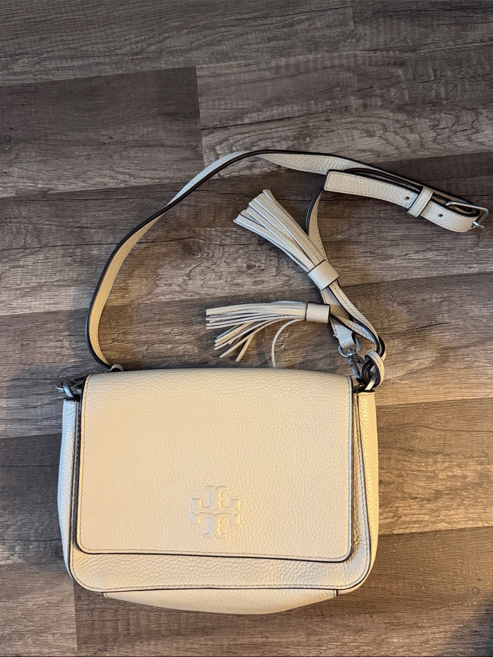 Tory Burch Cream Leather Crossbody with Tassel Strap